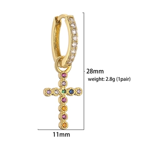 Golden huggie hoop earrings with colorful crystal cross charms and dimensions