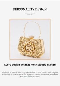 Detail of gold evening bag with rhinestones, floral pattern, and chain strap