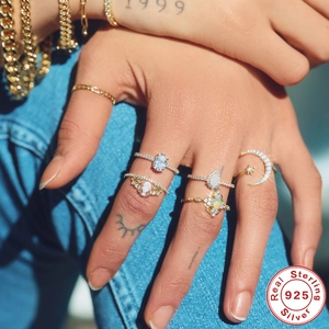 S925 Sterling Silver Opal Ring Set with Gold Accents and Star Moon Shape stones