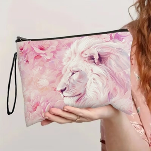 Lion Floral Print Makeup Bag Fine Linen Cosmetic Organizer Portable Travel Toiletry Pouch With Wristlet Strap For Women