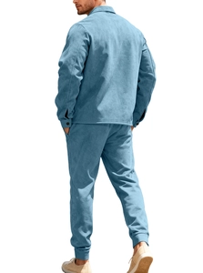 Rear view of men's casual blue tracksuit set showing jacket and pants fit on a model
