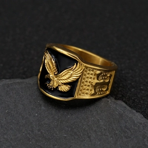 Mens punk 316L stainless steel eagle ring with black enamel and gold finish on stone