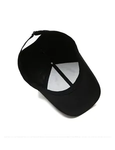 Detail view of the black baseball cap interior with six-panel design and sweatband