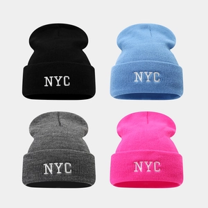 Bonnet Beanie Broderie Lettre NYC Acrylique Tricot Côtelé Chaud Bonnet À Revers Pour Cyclisme Extérieur Unisexe