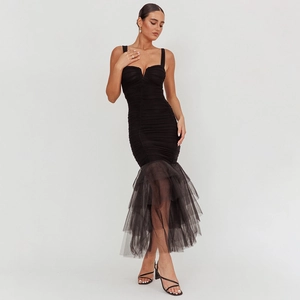 Sexy black bodycon mermaid dress with pleated bodice and layered mesh fishtail hem
