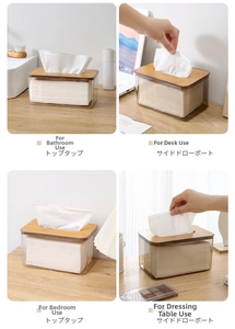 Minimalist tissue box shown in bathroom, desk, bedroom and vanity room settings