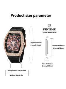 Detailed size specifications for the luxury iced-out tonneau quartz watch with case dimensions
