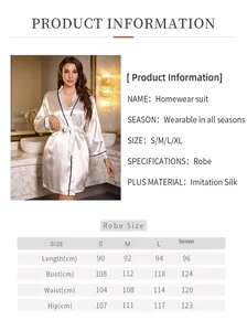 Size chart for women silk-like robe showing measurements in cm for S to XL sizes