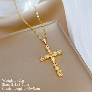 Macro detail of titanium steel cross pendant necklace with sparkling zircon stones