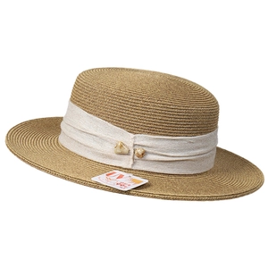 Women's boater straw hat with UV protection and decorative stone ribbon detailing