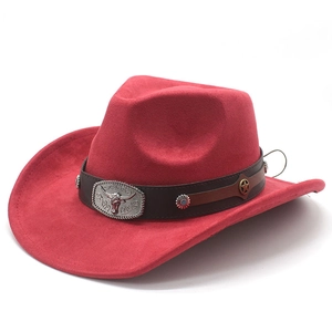 Red faux suede western cowboy hat with brown leather belt and silver bull head buckle