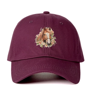 Adjustable burgundy cotton baseball cap featuring a horse and floral print design