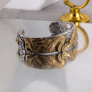 Retro Dragon Relief Open Cuff Bracelet Stainless Steel Vintage Chinese Style Men Bangle Jewelry