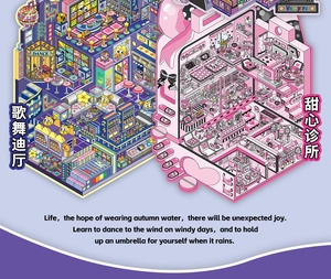 Detail of 3D miniature stickers featuring Retro Disco and Sweetheart Clinic themes