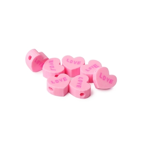 Pink heart-shaped polymer clay beads with LOVE engraving for DIY jewelry making