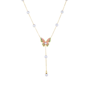 Golden butterfly necklace with pink and green enamel pendants and long pearl tassels