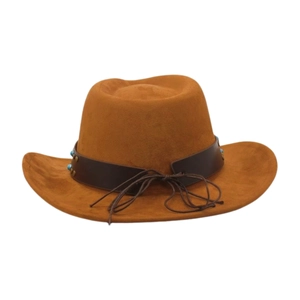 Detail of western cowboy hat with leather band and turquoise beads on brown suede fabric