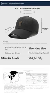 Tabella taglie per cappello sportivo in mesh traspirante con misure di visiera e circonferenza