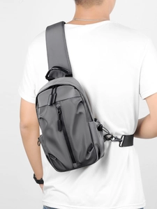 Mens dark grey nylon crossbody chest bag for outdoor sports and travel adventures