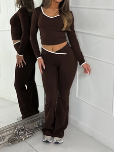 Survêtement Y2K marron foncé deux pièces pour femme avec crop top manches longues et pantalon