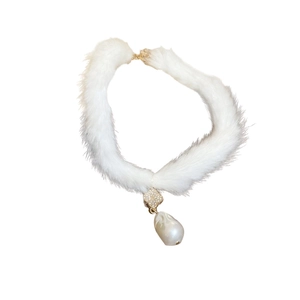 Elegant white faux fur choker with sparkling flower charm and water drop pearl pendant