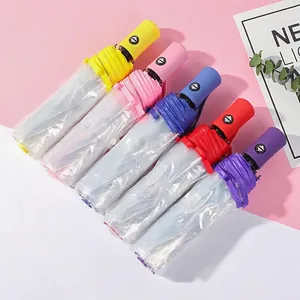 Transparent Sakura Folding Umbrella PVC Windproof Rain Protection Clear Cherry Blossom Print Portable Triple Fold