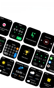 Grid view showing smartwatch features like calculator, pedometer, and music control