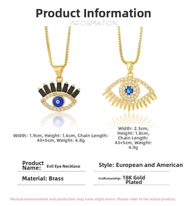 Detail of 18K gold-plated Evil Eye necklace showing brass material and dimensions