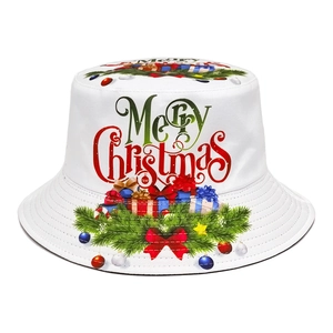 Christmas Reversible Bucket Hat Polyester Merry Christmas Pattern Outdoor Sun Protection Sunshade White Black Unisex