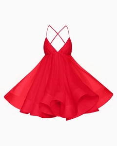 Detail of red babydoll dress featuring a deep V-neck and ruffled chiffon fabric