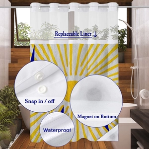 Detail of waffle shower curtain with snap-in liner, yellow sun pattern and bottom magnets