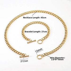 Detailed size view of 18K gold Cuban link chain set with OT toggle clasp and measurements