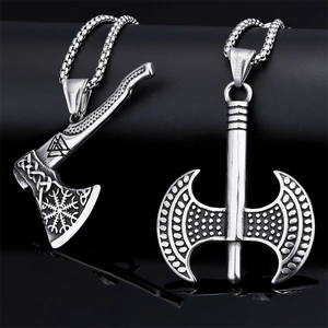 Viking Axe Pendant Necklace Stainless Steel Double Edged Battle Axe Norse Valknut Rune Punk Gothic Men Vintage Silver