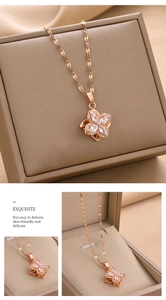 Detailed views of rose gold clover necklace with white marquise crystals and tiny diamonds