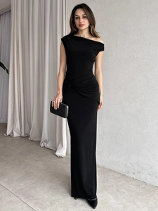 Women Asymmetrical Single Shoulder Maxi Dress Ruched Slim Fit Side Slit Sleeveless Sexy Evening Party Banquet Dress