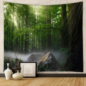 Detail of forest landscape wall tapestry with sunlight through trees in modern room