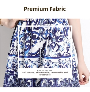 Close-up of blue porcelain print on woven fabric with delicate fabric-covered buttons