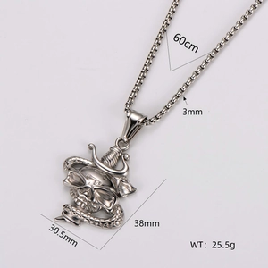 Men's stainless steel box chain necklace with snake-wrapped skull pirate pendant