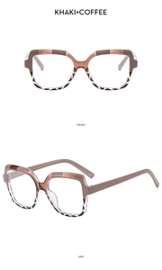 Detail view of khaki and coffee patterned square glasses frames from front and side angles