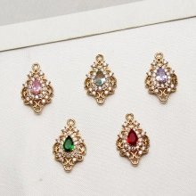 Detailed view of copper gold-plated rectangular pendants with colorful zircons in five colors
