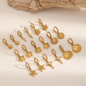 Stainless Steel Hoop Earrings With Cubic Zirconia Starfish Shell Star Cross Charms Gold Plated Jewelry For Women
