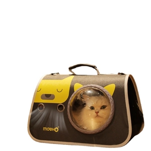 Portable gray pet carrier bag with cartoon cat print and circular clear space window