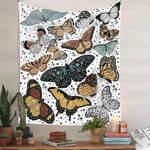 Detail of vintage bohemian butterfly tapestry with naturalistic specimen illustrations