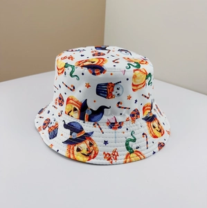 Halloween pumpkin print cotton bucket hat for men and women with white sunshade brim