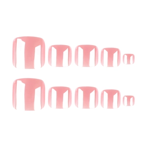 Glossy pink press-on toenails in assorted sizes displayed on a clean white background