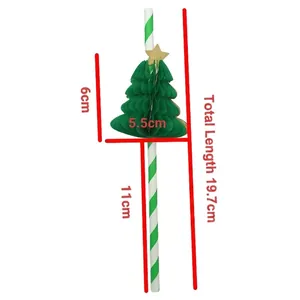 Green honeycomb Christmas tree paper straws with gold star topper for party, 19.7cm long