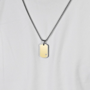Mens dog tag necklace with double layered gold and silver plates and square diamond