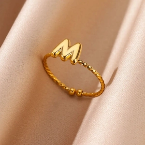 Initial Letter Ring 18K Gold Plated Stainless Steel Adjustable Open Twisted Rope Band Jewelry For Women