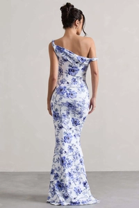 Detailed back view of a slim fit one-shoulder floral maxi dress with mermaid hemline