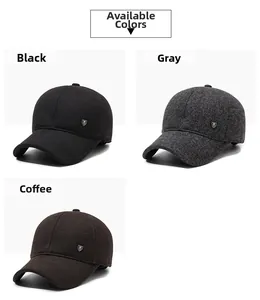 Three men's winter baseball caps in black, grey, and coffee colors with ear protection